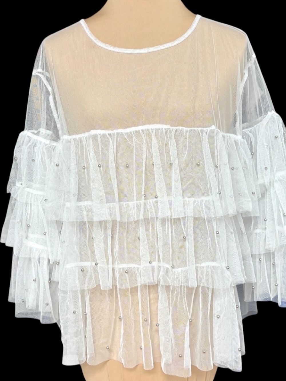 top vintage S/M white mesh see-thru frilly layers pullover silver embellishment